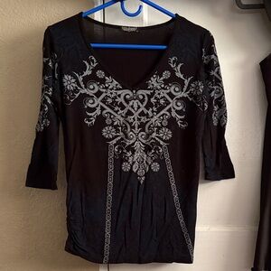 Vanilla Sugar Black V-Neck Tunic with Gray Floral Embroidery